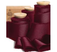 Vitalizart Burgundy Silky Satin Ribbon, 1.5'' x 15 Yard with Wooden Spool, Handmade Fringe Ivory Ribbons for Gift Wrapping, Festive Decoration, DIY Craft, Wedding Bridal Bouquet