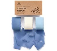 Vitalizart Chiffon Ribbon 1" x 21 Yd Blue & White, Fabric Frayed Fringe Package (3 Rolls x 7 Yd), Silky Ribbon for Wedding Invitation, Bridal Bouquet, Decoration, Gift Wrapping, Bow Making