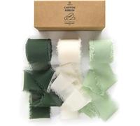 Vitalizart Chiffon Silky Ribbon 3 Rolls 1.5'' x 7 Yd Green & Cream, 1.5'' x 21 Yd Sage Green Ribbons Handmade Fringe for Wedding Invitations, Bridal Bouquets, Gift Wrapping, Holiday Decoration