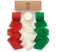 Vitalizart Christmas Ribbon Handmade Chiffon Silk Ribbon Fringe 1.5" x 21 Yd Frayed Edges Ribbons for Wedding Invitations Bridal Bouquets Gifts Wrapping Crafts Holiday Decorations Red Green White