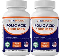 Vitamatic Folic Acid 1000 mcg (1 mg) - Vegetarian Tablets - 1667 mcg DFE - Vitamin B9 (240 Count (Pack of 2))