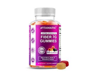 Vitamatic Prebiotic Fiber Gummies for Adults - 7g Fiber per Serving - 60 Pectin-Based Gummies Extra Strength, Zero Sugar Added - Supports Digestive Health & Regularity - Non-GMO, Vegan, Gluten-Free