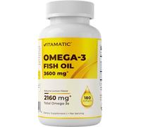 Vitamatic Triple Strength Omega 3 Fish Oil 3600mg Per Serving, 2160mg Omega 3 Fatty Acids, 1296mg EPA + 864mg DHA, Burpless Lemon Flavor, 180 Softgels