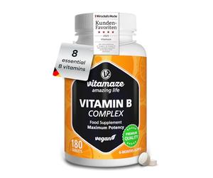 Vitamin B Complex High Strength for 6 Months - All Vitamin B Group B1, B2, B3, B5, B6, B7, B9, B12, Natural & Organic Supplement Without Additives, German Quality