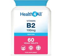 Vitamin B2 Riboflavin 100mg 60 Tablets - Energy, Stress and Migraine Support, Contributes to Reduction of Tiredness & Fatigue, Vegan, Gluten-Free Supplement | Made in UK by Health4All
