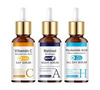 Vitamin C, Hyaluronic Acid & Retinol Face Serum Set (3 x 60ml) - Day & Night Skincare Bundle with Blue Copper Peptide & Collagen - Hydrating, Brightening & Anti-Ageing Serum