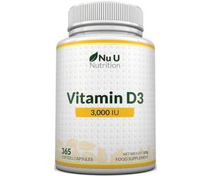 Vitamin D 3000IU - 365 Softgel Capsules - 1 Year Supply - Triple Strength Vitamin D3 Supplement - High Absorption Cholecalciferol - Made in The UK - Nu U Nutrition