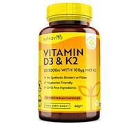Vitamin D3 3000iu & K2 100ug (MK7) - 120 Vitamin D3 K2 Vegetarian Capsules - Supports Normal Bones, Muscles, Teeth and Immune System - Cholecalciferol & Menaquinone-7 - Made by Nutravita