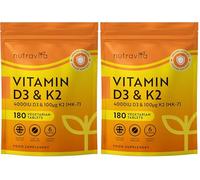 Vitamin D3 4000 iu & Vitamin K2 100μg (MK7) - 180 Vegetarian Tablets - 6 Month Supply - High Strength Vitamin D Supplement for Bones, Muscles & Immune System - Nutravita (Pack of 2)