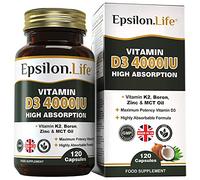 Vitamin D3 and K2 with Zinc - High Strength 4000IU Vitamin D & K2 MK7 Formula - Includes Boron & MCT Oil for Optimal Absorption - 120 Capsules (4 Month Supply) - No Fillers - Made in The UK