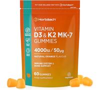 Vitamin D3 K2 Gummies | 60 Count (2 Months Supply) | High Strength 4000iu Vitamin D3 and 50ug Vitamin K2 MK7 | Natural Orange Flavour | Vegetarian | by Horbaach