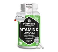 Vitamin K2 + K1 Complex - High Strength (K1 1.000 mcg MK4 + K2 200 mcg MK7 Menaquinone) - 120 Vegan Capsules for 4 Months - Best Bioavailability Supplement - Without Additives- Vitamaze