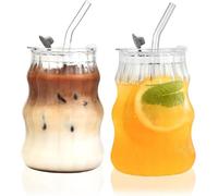 VITEVER 18 oz Ribbed Glass Tumblers with Lids and Straws, 2 Pack Iced Coffee Cups, Vintage Design, Bubble Glass Aesthetic, Ideal for Smoothies, Cocktails, Juices