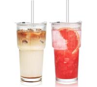 VITEVER 2 Pack 20oz Ribbed Glass Tumblers with Lids and Straws, Iced Coffee Cups for Whiskey Cocktail Beer, Cold Drinks, Smoothie, Juice