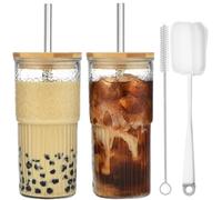 VITEVER 2 Pack 22oz Glass Cups with Lids and Straws, Glass Tumbler with Straw and Lid, Mason Jar Drinking Glasses Iced Coffee Cup for Long Drinks, Water, Cocktail, Whiskey, Soda