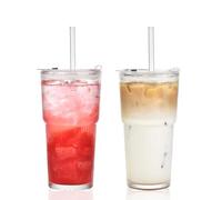 VITEVER 20 oz Ribbed Glass Tumbler with Straw and Lid, 2 Pack 530ml Iced Coffee Cups, Ripple Design Glass Latte Cups for Coffee, Soda, Smoothies, Cocktails, Juice Maccha, and Cold Beverages
