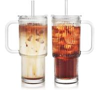 VITEVER 26oz Ribbed Glass Cup with Lids and Straws, 2 Pack Iced Coffee Cups with Straws, Modern Glass Mug for Cold & Hot Beverages, Aesthetic Travel Tumbler for Smoothies, Tea, and Juice
