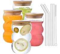 VITEVER 4 Pack 550ML Iced Coffee Glasses, Bubble Drinking Glasses Tumblers with Lid - Glass Cups Mini Cute Ripple Shaped Vintage Ribbed Glassware- Cocktail, Water, Soda, Juice, Milk