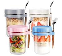 VITEVER 4 Pack Overnight Oats Jars, Overnight Oats Container with Lid and Spoon, 10 oz overnight glasses, Cereal, Milk, Vegetable and Fruit Salad Storage Container with Measurement Marks