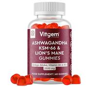 Vitgem 60 Chews KSM-66 Ashwagandha and Lions Mane Gummies for Adults - Sugar-Free Natural Nootropic for Focus, Memory & Stress Relief - Vegan Berry Flavor - Cognitive & Cortisol Balance Supplement