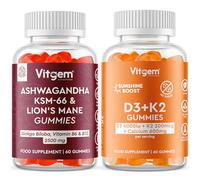 Vitgem 60 Vitamin D3 4000IU + K2 100mcg Gummies - Sugar-Free Vegan Chews - Orange Flavour + 60 Ashwagandha KSM-66 + Lion's Mane Gummies - Berry Flavour