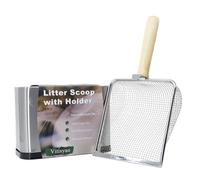 Vitisyao Fine Cat Litter Scoop, Stainless Steel Mesh Scooper, Kitty Metal Scooper for Litter Box Kitten Pooper, Wide Rabbit Poop Lifter with Beech Handle (cat Litter Scoop with Holder)