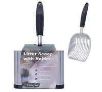 Vitisyao Full Metal Cat Litter Scoop with Holder, Heavy Duty Stainless Steel Scooper Caddy Trash Container, Aluminum Speed Sifter with Straight Lines, Kitty Metal Scooper for Cat Litter Box