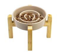 Vitisyao Raised Cat Slow Feeder Ceramic with Stand, 6.1 Inch Wide Shallow Ceramic Elevated Cat Food Bowl Puzzle Feeder, Anti Vomit Cat Dish, Whisker Friendly Bowl for Dry and Wet Food (Brown)