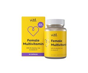 Vitl Female Multivitamin & Minerals Supplement - 30 Vegan Capsules - 21 Essential Active Vitamins & Minerals - with Vitamin D3, Vitamin B, Vitamin C, Vitamin E, Folic Acid & Iron - 1 Month Supply