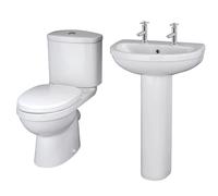 Vito Ceramic Bathroom Bundle - Toilet Pan with Cistern & Soft Close Seat, 550mm 2 Tap Hole Basin & Full Pedestal - Balterley