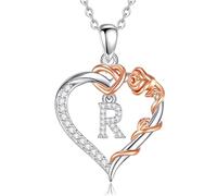 Vito Silver Plated Copper Initial Cubic Zirconia Heart Necklace for Women, Rose Gold R Flower Pendant with A to Z Heart Pendant, Personalized Jewelry, Jewelry Gift from