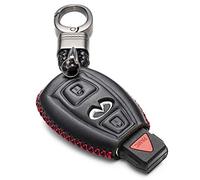 Vitodeco Genuine Leather Smart Key Fob Case Cover Protector with Leather Key Chain for 2017-2018 Infiniti QX30 (3-Button, Black/Red)