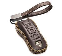 Vitodeco Genuine Leather Smart Key Fob Case Cover Protector with Leather Key Strap Compatible for 2020 - 2022 Porsche Cayenne, Macan, Panamera, 718, 911 (3-Button, Brown)