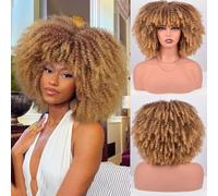 Vitorish 12 Inch Curly Afro Wigs for Black Women Afro Bomb Kinky Curly with Bangs 10oz Fluffy and Soft Glueless Synthetic Hair Afro Wig Ombre Blonde