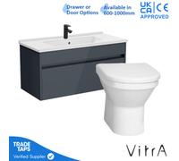 Vitra 1000mm Wall Hung Bathroom Vanity Unit With 1 Drawer Includes Basin, Black Tap And Back To Wall Toilet - Grey Gloss