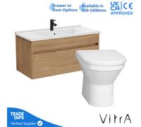Vitra 1000mm Wall Hung Bathroom Vanity Unit With 1 Drawer Includes Basin, Black Tap And Back To Wall Toilet - Golden Oak
