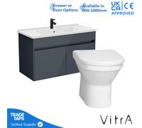 Vitra 1000mm Wall Hung Bathroom Vanity Unit With 2 Doors Includes Basin, Black Tap And Back To Wall Toilet - Grey Gloss