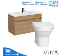 Vitra 1000mm Wall Hung Bathroom Vanity Unit With 2 Doors Includes Basin, Black Tap And Back To Wall Toilet - Golden Oak