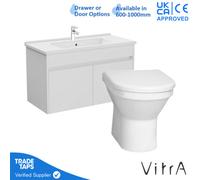 Vitra 1000mm Wall Hung Bathroom Vanity Unit With 2 Doors Includes Basin, Chrome Tap And Back To Wall Toilet - White Gloss
