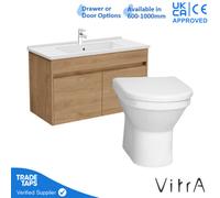 Vitra 1000mm Wall Hung Bathroom Vanity Unit With 2 Doors Includes Basin, Chrome Tap And Back To Wall Toilet - Golden Oak