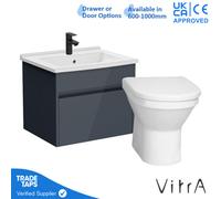 Vitra 600mm Wall Hung Bathroom Vanity Unit With 1 Drawer Includes Basin, Black Tap And Back To Wall Toilet - Grey Gloss
