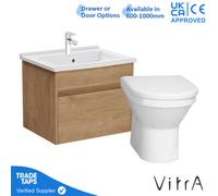 Vitra 600mm Wall Hung Bathroom Vanity Unit With 1 Drawer Includes Basin, Chrome Tap And Back To Wall Toilet - White Gloss