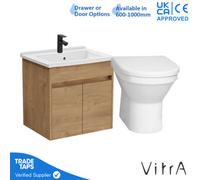 Vitra 600mm Wall Hung Bathroom Vanity Unit With 2 Doors Includes Basin, Black Tap And Back To Wall Toilet - Golden Oak