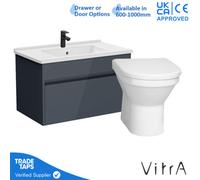 Vitra 800mm Wall Hung Bathroom Vanity Unit With 1 Drawer Includes Basin, Black Tap And Back To Wall Toilet - Grey Gloss
