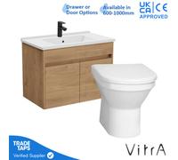 Vitra 800mm Wall Hung Bathroom Vanity Unit With 2 Doors Includes Basin, Black Tap And Back To Wall Toilet - Golden Oak