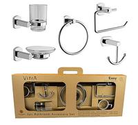 Vitra Bathroom Accessory Set - 5 Piece Bathroom Accessory Pack - Includes Wall Mounted Chrome Towel Ring and Toilet Roll Holder, Soap Dish, Toothbrush Holder and Bath Robe Hook - Chrome