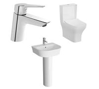 Vitra Koa White Back To Wall Close-Coupled Floor-Mounted Square Toilet & Full Pedestal Basin With Tap (W)400mm (H)780mm