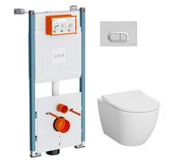 Vitra Koa White Rimless Slim Round Wall Hung Toilet Set With Soft Close Seat & Embedded Cistern & Frame
