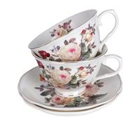 Vitrignis Porcelain Cup and Saucer Set - 2 Pcs 250ml Vintage Euro Floral Style Cup& Saucer Set - Ceramic Coffee Cups Set for Tea, Coffees, Espresso, Americano, Latte