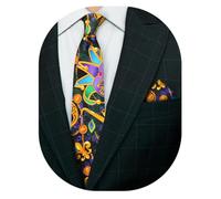 Vittorio Farina Premium Mardi Gras Necktie & Matching Pocket Square Set, Mardi #1: Vibrant Masquerade Mask, 3.5" x 59"
